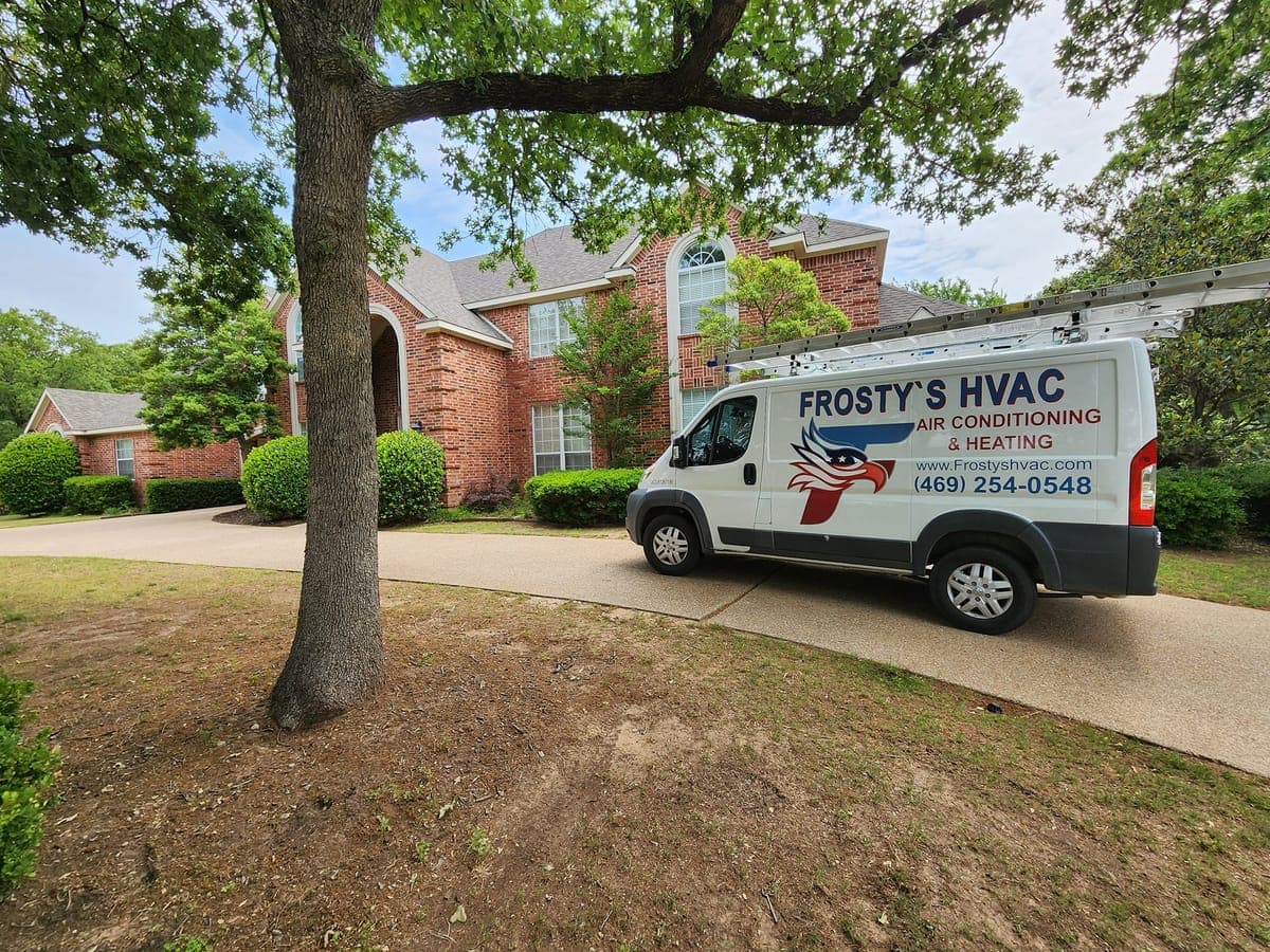 Frosty's HVAC van at residential service call in Farmers Branch TX